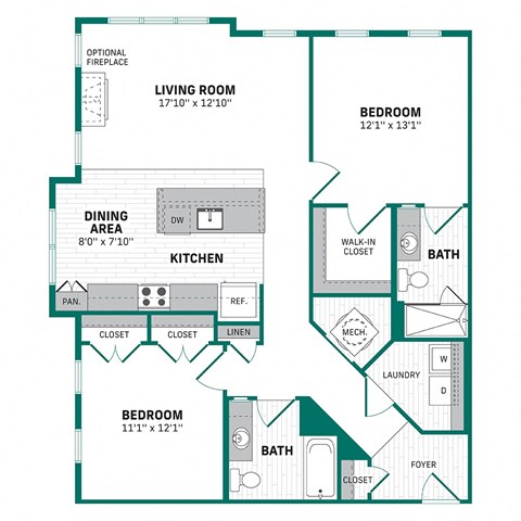 Floor plan for 2 beds, 2 baths, 1151 sqft